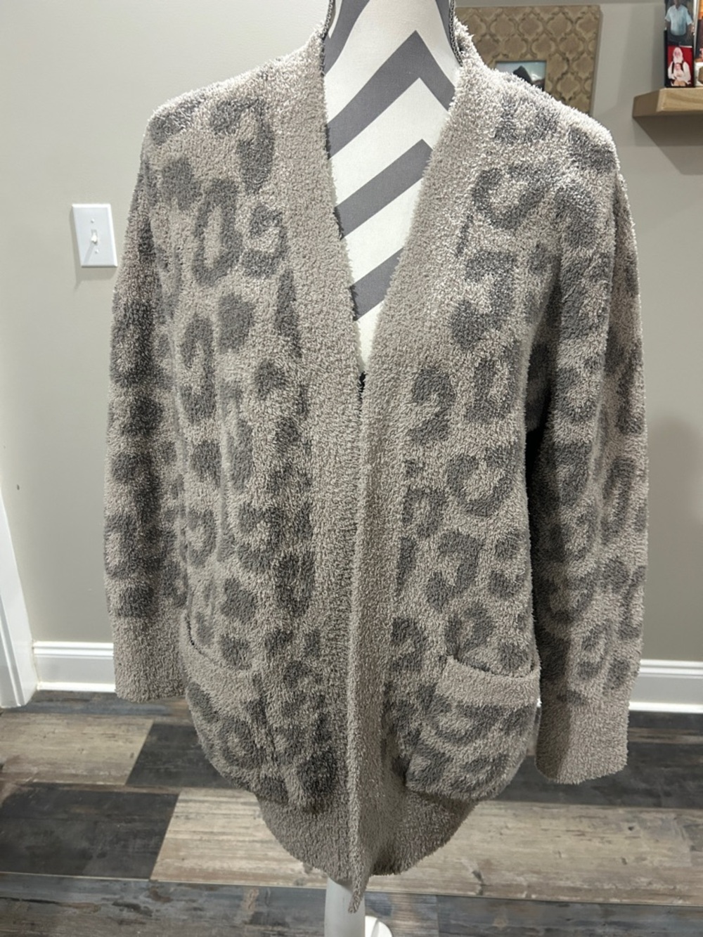 Barefoot Dreams Cozy Chic Taupe Leopard Plush Open-Front Cardigan